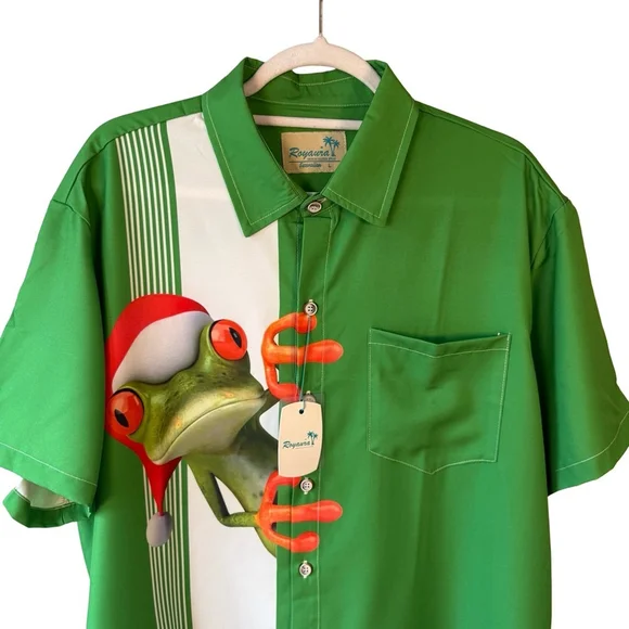 Royaura Hawaiian Tropical Frog Graphic Short-Sleeve Shirt - Green Size L Resort - Picture 8 of 11